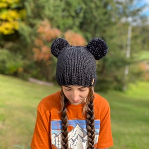 Double Pom Pom Knit Hat x Newborn Adult Sizes x Cozy Snug Fit x Chunky Wool Yarn Hand Knit Toque x The Bear Cub Beanie image 2