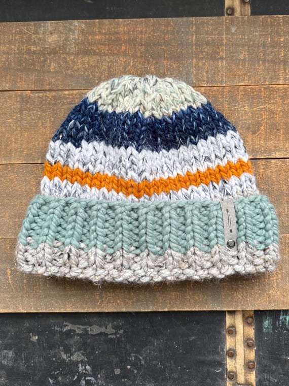 Hand Knit Chunky Wool Striped Beanie: Custom Color  display picture 3