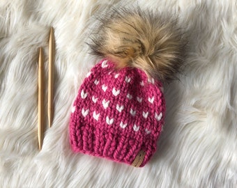 Mini Hearts Fur Pom Pom Hat x Chunky Wool Knit Toque x Sizes Newborn - Adult x The Elmira Beanie