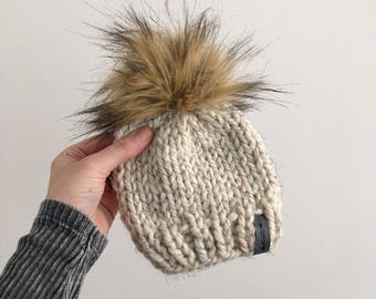 Hand Knit Baby Fur Pom Pom Hat x Chunky Wool Winter Toque x Fall Fashion x The Iroquois Beanie