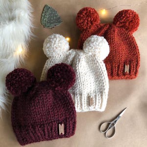 Double Pom Pom Knit Hat x Newborn Adult Sizes x Cozy Snug Fit x Chunky Wool Yarn Hand Knit Toque x The Bear Cub Beanie image 3