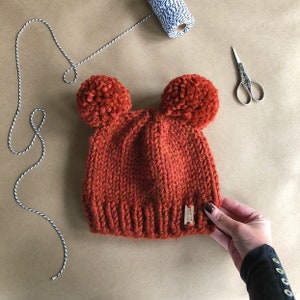 Double Pom Pom Knit Hat x Newborn Adult Sizes x Cozy Snug Fit x Chunky Wool Yarn Hand Knit Toque x The Bear Cub Beanie image 4