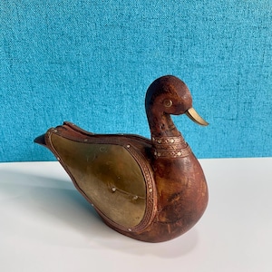 Vintage Wooden Duck Bird Figurine with Metal Brass Accents Folk Art