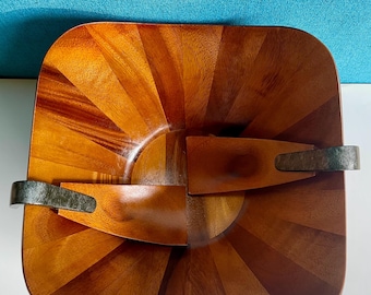 Vintage Nambe Large Acacia Wood Salad Bowl with Iron Hook Servers
