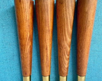Vintage Mid Century Modern Tapered Wood Table Chair Legs With Rubber Feet 9.5” Set 4