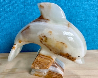 Polished Onyx Hand Carved Dolphin Figurine White & Brown Tones