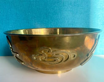 Vintage 1970s Hong Kong Asian Brass Bowl Featuring Raised Calligraphy 12” Round 5” High