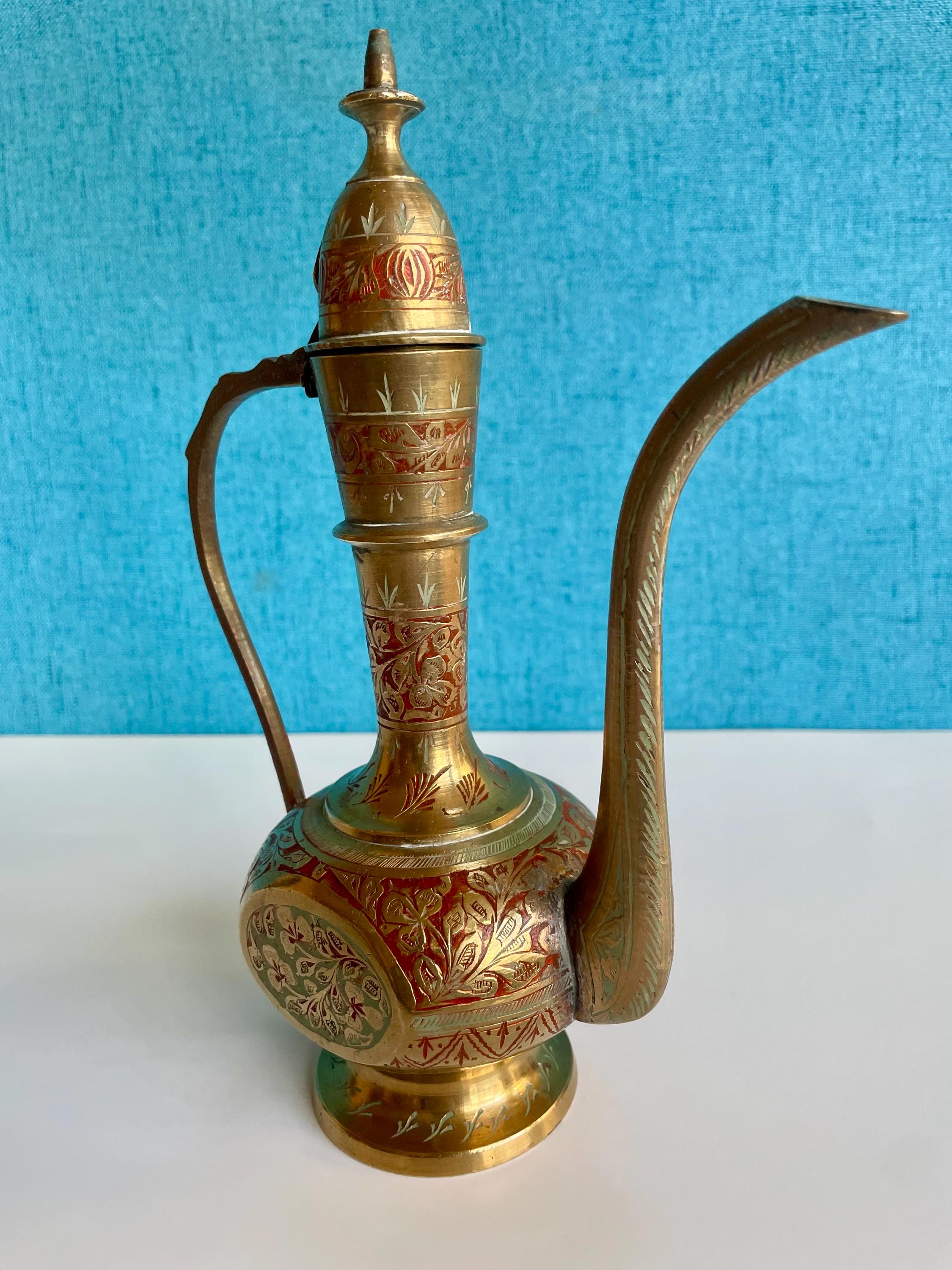 Vintage Indian Brass Ewer or Pitcher With Ornate Etching and 