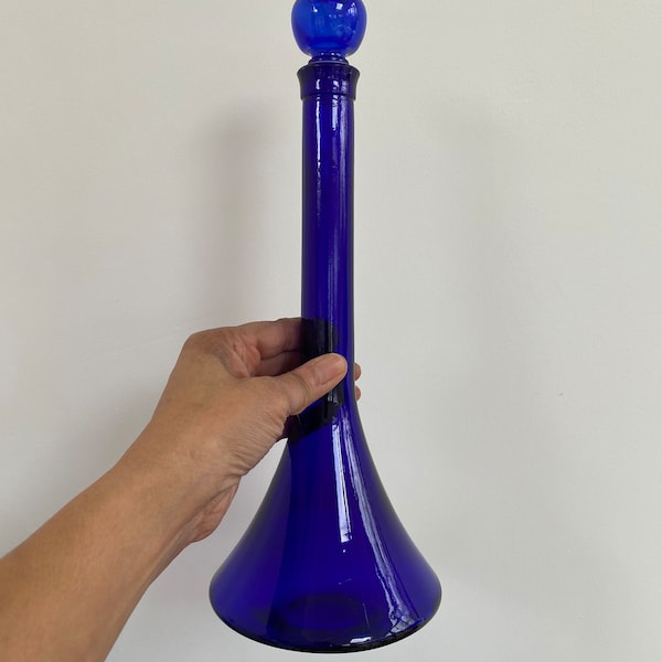 Vintage Cobalt Blue Glass Genie Bottle Decanter Tall Stopper Mid Century Decor