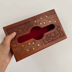 Vintage Indian Carved Mango Wood Box For Paper Tissues, Brass Leaf Inlay Design