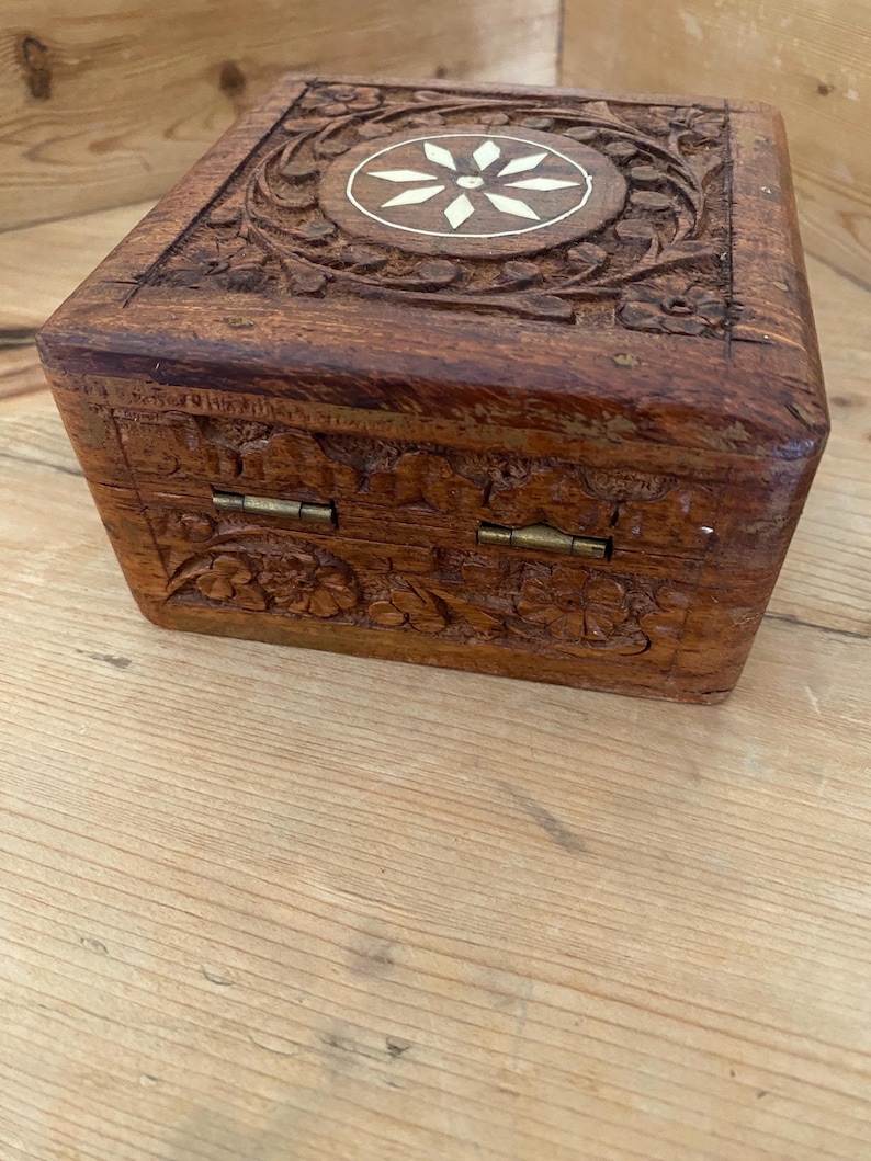 Wood Box Inlay Vintage Indian Carved Rosewood Box, Carved Sheesham Wood Box, Hinged ...