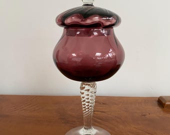 Vintage Empoli Purple Plum Glass Confit Pot, Lidded Apothecary Jar, Aubergine Mid Century Decor