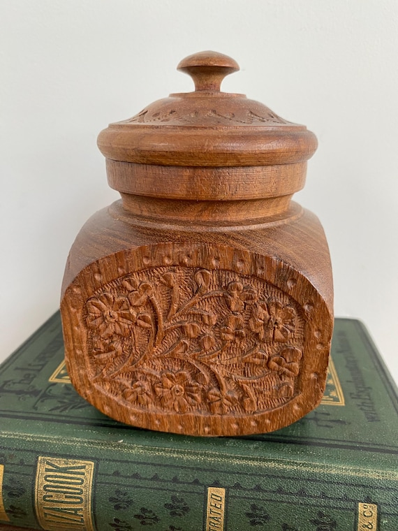 Vintage Hand Carved Indian Wooden Spice Tobacco Lidded Jar Signed Marked  India