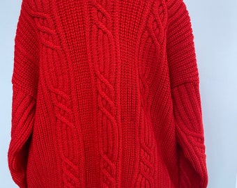 Vintage St Michael Red Aran Knit Jumper Size 42" 100% Wool Heavy Chunky