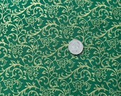 Christmas Holiday Cotton Fabric - Song of Christmas Scrolls in Gold Metallic on Green OR Precut Christmas Cotton Fabric