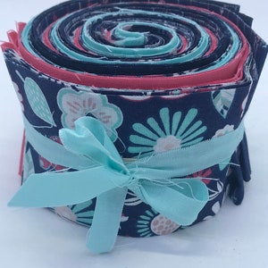 Cotton Floral Fabric Roll - Navy Floral 21 Piece Cotton Jelly Roll, 2.5” Aqua Floral Navy Cotton Fabric Strips, Floral Cotton Binding Strips