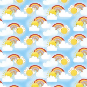 Pode incluir: Um padrão sem costura que apresenta um design repetitivo de sóis sorridentes e arco-íris sobre um fundo azul claro. Os sóis são amarelos com os olhos fechados e os arco-íris são multicoloridos com vermelho, laranja, amarelo, verde, azul, índigo e violeta.