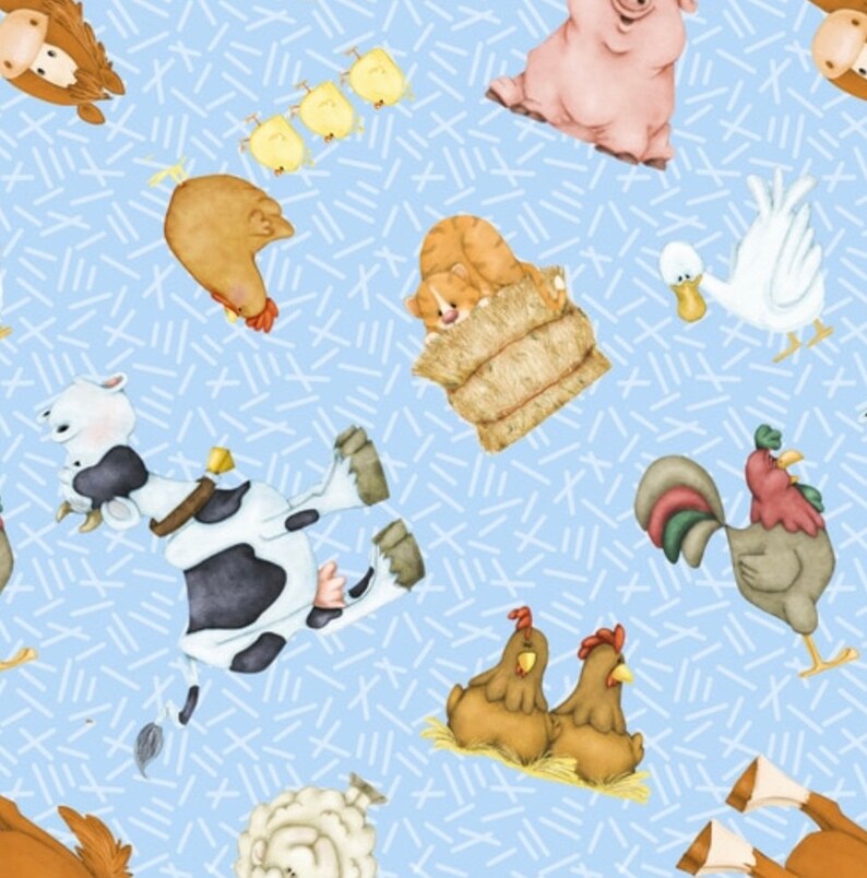 Farm Animals Rooster Chicken Cow Horse Pig Sheep Ducks Cat on Blue Farm Novelty Fabric Farm Animals Comfy Flannel Fabric