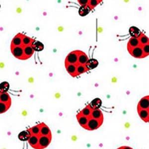 Lady Bugs and Polka Dots on White Cotton Flannel Fabric - A.E. Nathan Comfy Flannel Lady Bugs and Polka Dots on White, Lady Bug Flannel