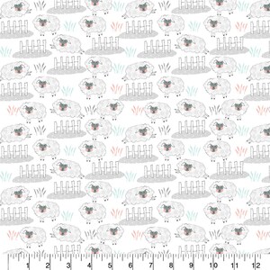 May include: White fabric with a repeating pattern of gray sheep jumping over a gray fence. The sheep have pink noses and there are small pink, blue, and gray accents throughout the fabric.