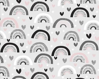 3 Wishes Don’t Forget to Dream Rainbow Hearts Cotton Flannel Fabric, Rainbows, Girl Nursery Fabric, Hearts, Gray and Pink Rainbows