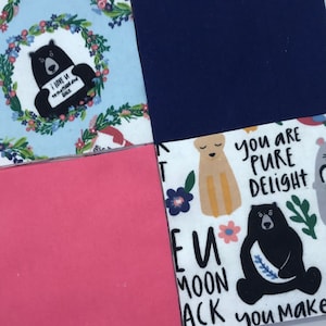 64 - 5” Woodland Bear Hugs Charm Pack, Woodland Bear Hugs Floral Precut Squares Quilt Kit, Bear Floral Navy Coral Precut Charm Pack