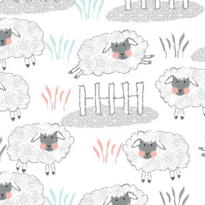 Cotton Nursery Flannel Fabric - Whimsy Animals Sheep, Fence, Farm, Teal, Coral, Gray, for Quilting, Nursery Flannel Fabric, Crafts