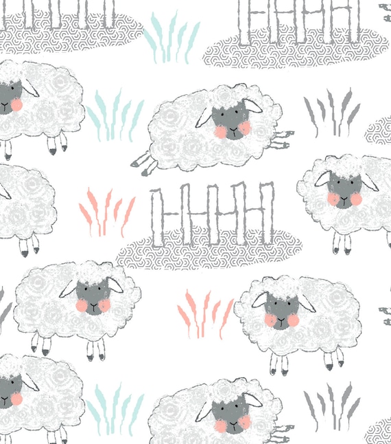 Cotton Nursery Flannel Fabric - Whimsy Animals Sheep, Fence, Farm, Teal, Coral, Gray, for Quilting, Nursery Flannel Fabric, Crafts