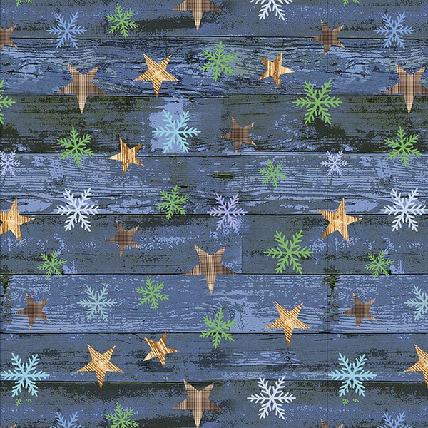 Henry Glass & Co. Pine Cone Lodge 2 Ply Cotton Flannel, Stars and Snowflakes on Woodgrain Background, Woodland Fabric, Cabin Fabric, Winter