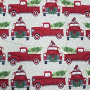 Tessuto di flanella per albero di Natale con camion rosso - Albero di Natale con camion rosso antico, fiocchi di neve, camion rosso, flanella natalizia per le feste, Super Snuggle