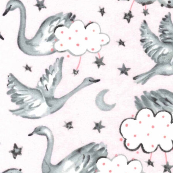 Celeste Swan Clouds Magic Moon Cotton Flannel Fabric OR Swans and Clouds Magic Moon Precut Flannel Fabric, Moon, Stars, Pink