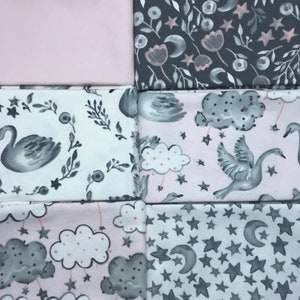 6 FQ BUNDLE -  Celeste Swan Coordinating Fat Quarter Bundle, Swan Clouds Floral FQ Bundle, Pale Pink and Gray Swans, Clouds, Stars, Moon