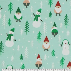 May include: A light blue fabric with a repeating pattern of snowmen, gnomes, and Christmas trees. The snowmen wear green scarves and hats, while the gnomes have red hats and white beards. White snowflakes are scattered throughout the design.