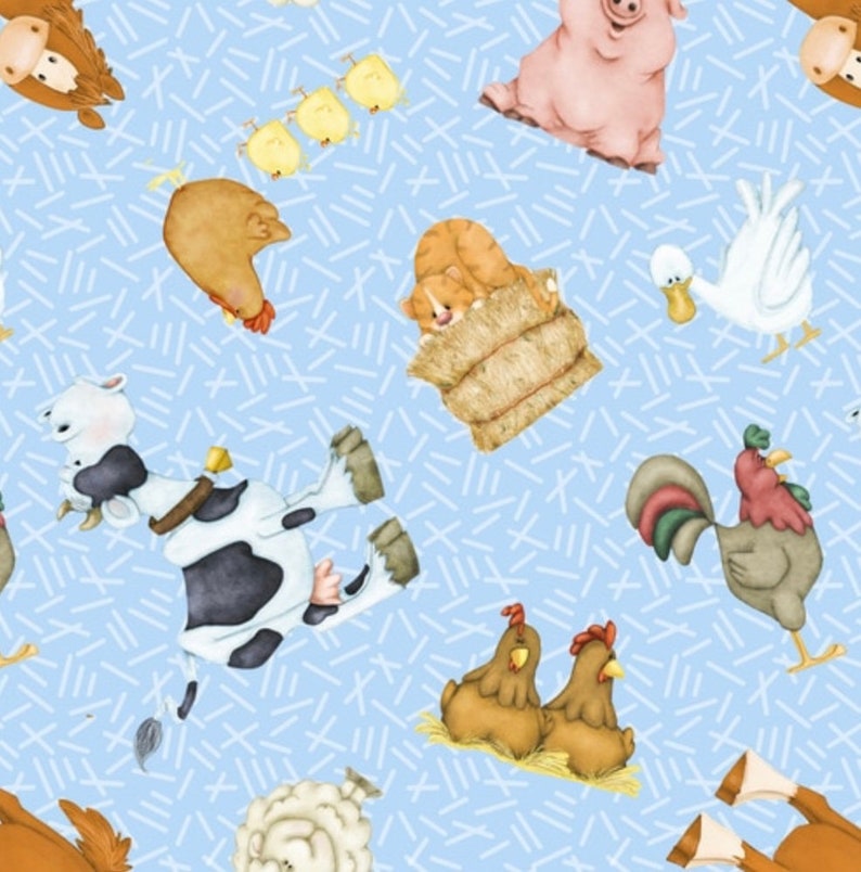 Farm Animals Rooster Chicken Cow Horse Pig Sheep Ducks Cat on Blue Farm Novelty Fabric Farm Animals Comfy Flannel Fabric