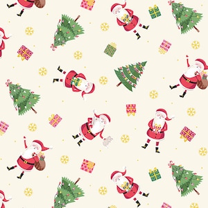 Christmas Holiday Cotton Fabric - Let it Snow Santa on Cream by The Hanley Studio Makower UK OR Precut Santa Christmas Fabric, Trees