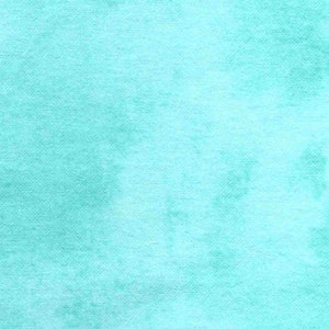 May include: A close-up of a teal-colored fabric with a watercolor effect. The fabric has a textured appearance, with variations in the teal hue creating a soft, blended look. The overall effect is reminiscent of a tie-dye or marbled design.