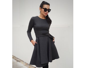 Asymmetric dress / Casual cozy dress / Midi dress / Long sleeve dress / Round neck dress / Gray dress