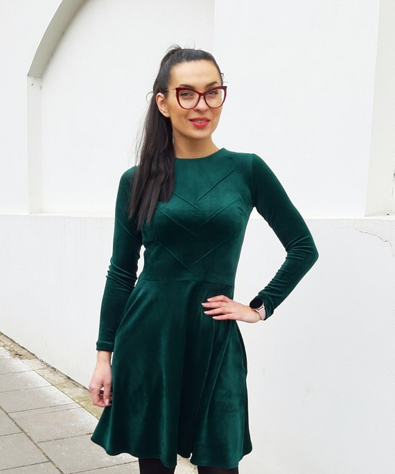 Elegant Velvet Dress Green Dress Spring Wear Birthday Dress Office Wear Long Sleeve Dress Round Neck Dress Etsy UK