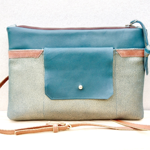 Large Clutch/ Crossbody Dark Forest Green and Gold Green Leather with Detachable Tan Leather Strap and Exterior Pocket