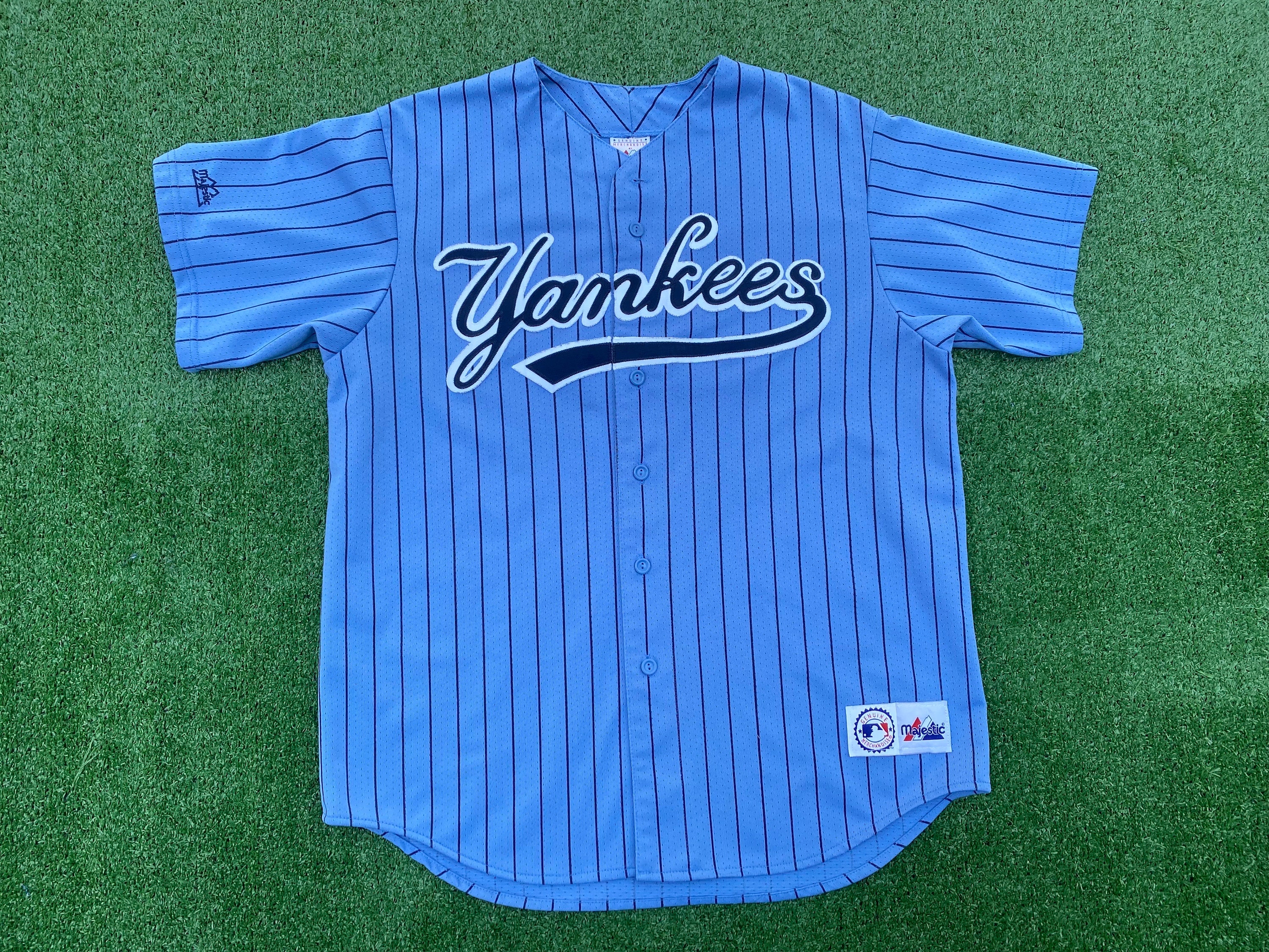 Vintage 90's Original New York Yankees Baby Blue Pin Strip Classic Majestic  Baseball Jersey (Made in USA) (Size Large)
