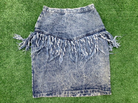 Snow Wash Leather Fringe Denim Skirt