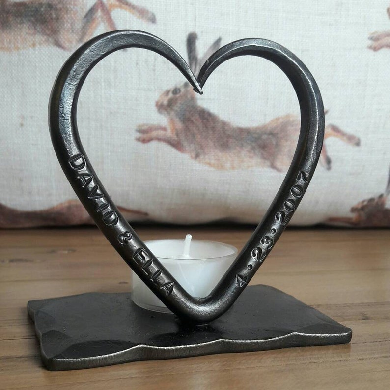 A Personalised Steel Love Heart T Light 11th Wedding Anniversary Steel Wedding for him for her Candle Valentines Gift image 3