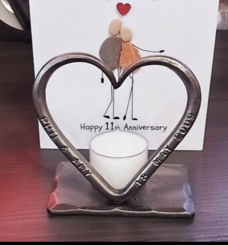 A Personalised Steel Love Heart T Light 11th Wedding Anniversary Steel Wedding for him for her Candle Valentines Gift image 5