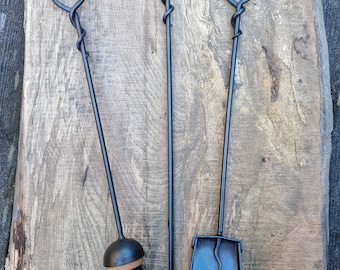 3 Piece Fire Tools~ Hand Crafted Mouse Tail Fire Tools ~Iron ~Log Burner~ Hand Forged~ Blacksmith Made~ Shovel~ Poker~ Brush