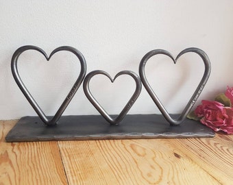 3 Steel Family of Hearts Sculpture~ Love ~ 11th Year Anniversary~Wedding  ~for him for her~ Personalised~  Gift ~Room Art ~