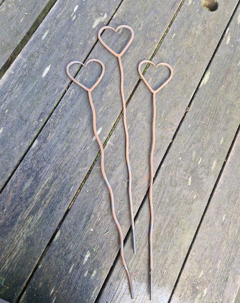 May include: Three rustic metal heart-shaped garden stakes. Each stake features a heart at the top and a long, slender stem. The stakes are made of a weathered, reddish-brown metal and are arranged against a wooden surface.