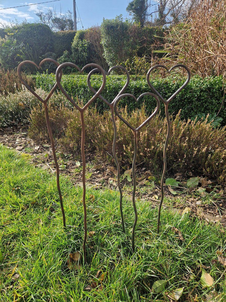 Hand Forged Wiggly Heart Garden Stake - Rustic Patina Plant Support Fun Garden Art Rusty Love Heart Decor image 2
