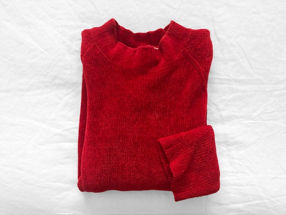 Vintage Red Chenille Sweater / Red Chenille Mock N