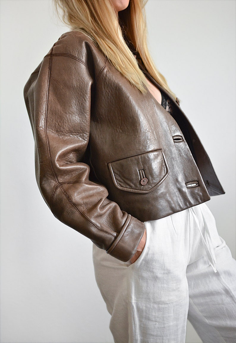 Vintage Leather Er Jacket Boxy Motorcycle Womens Cropped Brown S