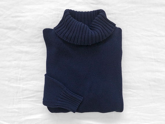 Vintage Navy Open Weave Turtleneck / Blue Knit Tur